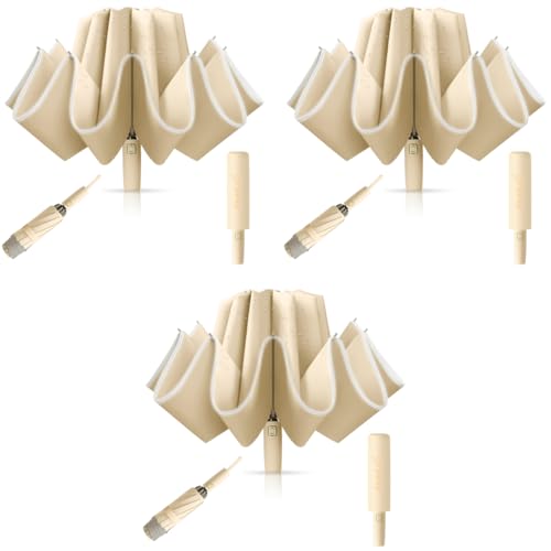 PALAY® 3 Fold Umbrella for Rain with Reflective Strip Compact Travel Auto One-Touch Open Close Reinforced 10 Dual Ribs Sun Protection 99% UV Windproof Men Women Khaki 3PCS PALAY® 3 Fold Umbrella for Rain with Reflective Strip Compact Travel Auto One-Touch Open Close Reinforced 10 Dual Ribs Sun Protection 99% UV Windproof Men Women Khaki 3PCS